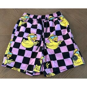 Neff Board Shorts Mens Small Purple Black Checkered Swim Trunks Rubber Ducks‎